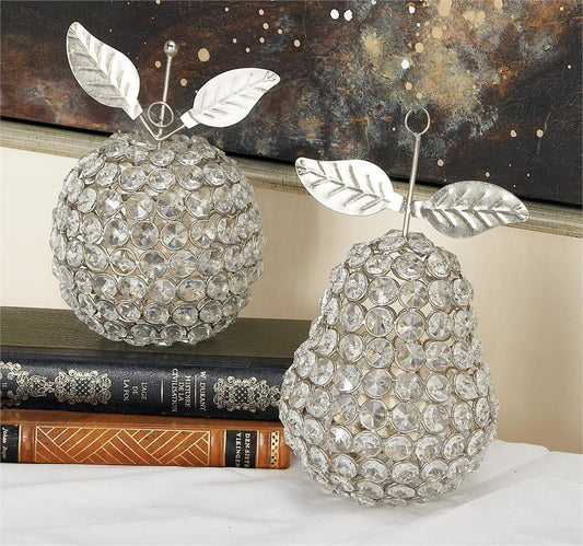SILVER METAL FRUIT DECORATIVE SCULPTURE WITH CRYSTAL EMBELLISHMENTS