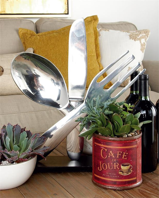 SILVER ALUMINUM UTENSILS SCULPTURE WITH BLACK BASE