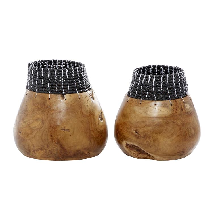 BROWN WOOD HANDMADE VASE WITH SEAGRASS ACCENTS