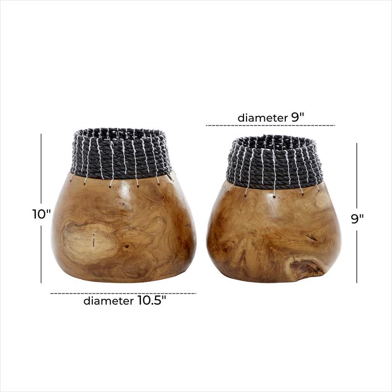 BROWN WOOD HANDMADE VASE WITH SEAGRASS ACCENTS
