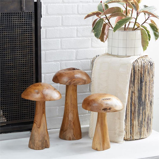 BROWN TEAK WOOD MUSHROOM HANDMADE LIVE EDGE SCULPTURE WITH NATURAL SMOOTH FINISH