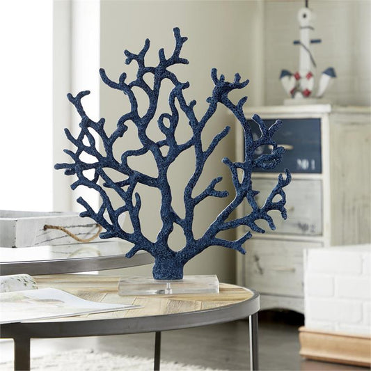 BLUE POLYSTONE CORAL TEXTURED POROUS SCULPTURE WITH ACRYLIC BASE