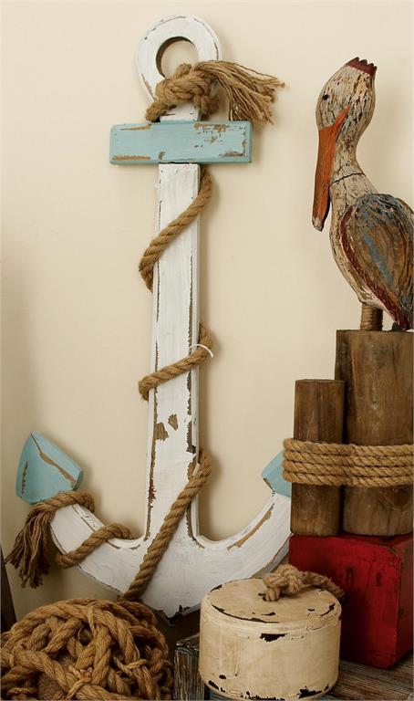 WHITE WOOD ANCHOR WALL DECOR WITH TWISTED ROPE
