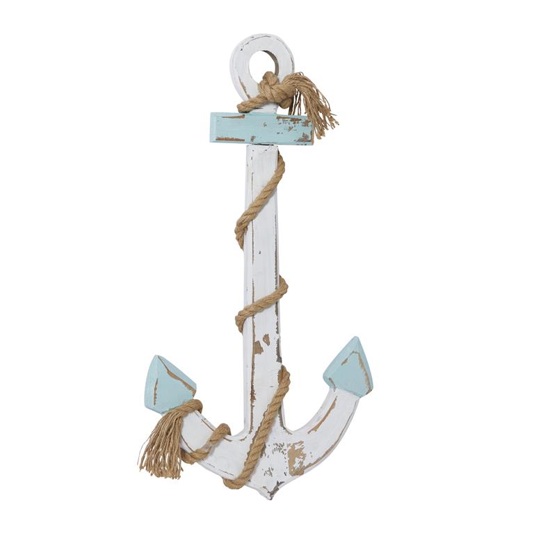 WHITE WOOD ANCHOR WALL DECOR WITH TWISTED ROPE