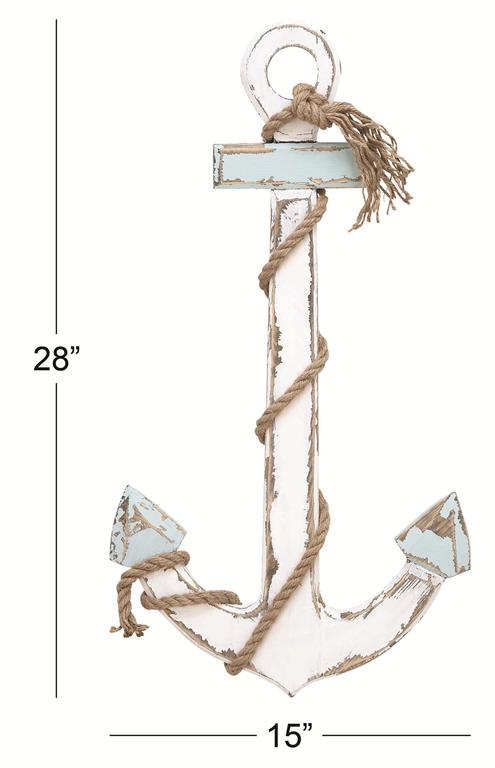 WHITE WOOD ANCHOR WALL DECOR WITH TWISTED ROPE
