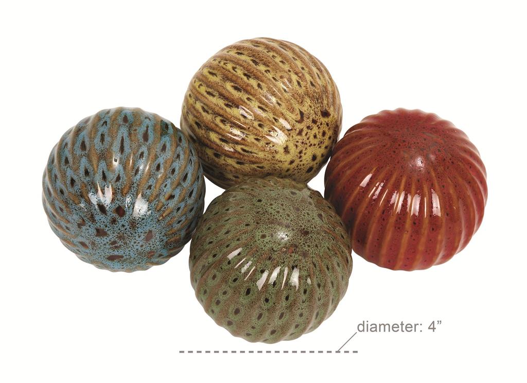 MULTI COLORED CERAMIC ORBS & VASE FILLER WITH GROOVES, SET OF 4 4"D