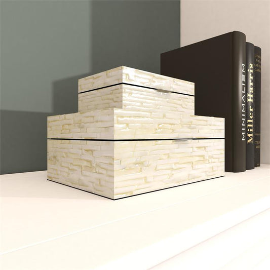 WHITE MOTHER OF PEARL HANDMADE BOX WITH HINGED LID,