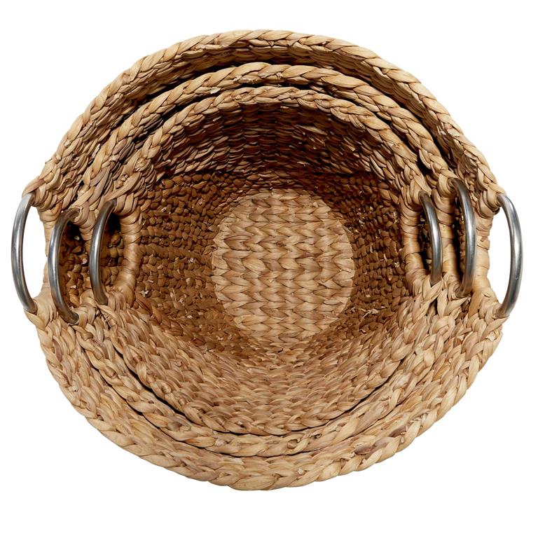 TAN SEAGRASS HANDMADE STORAGE BASKET WITH METAL HANDLES