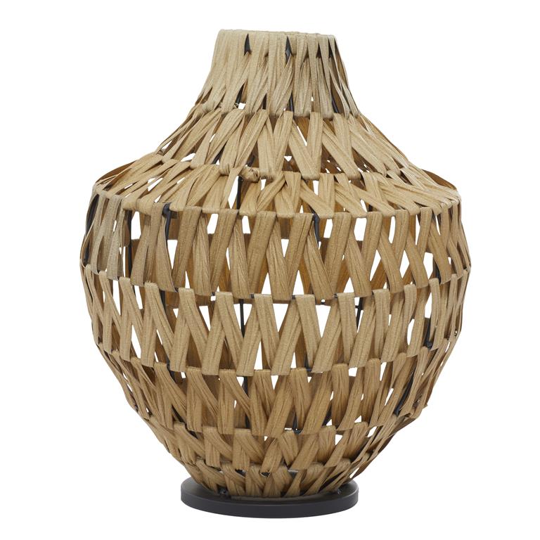 BROWN PLASTIC RATTAN HANDMADE WOVEN VASE WITH BLACK METAL BASE