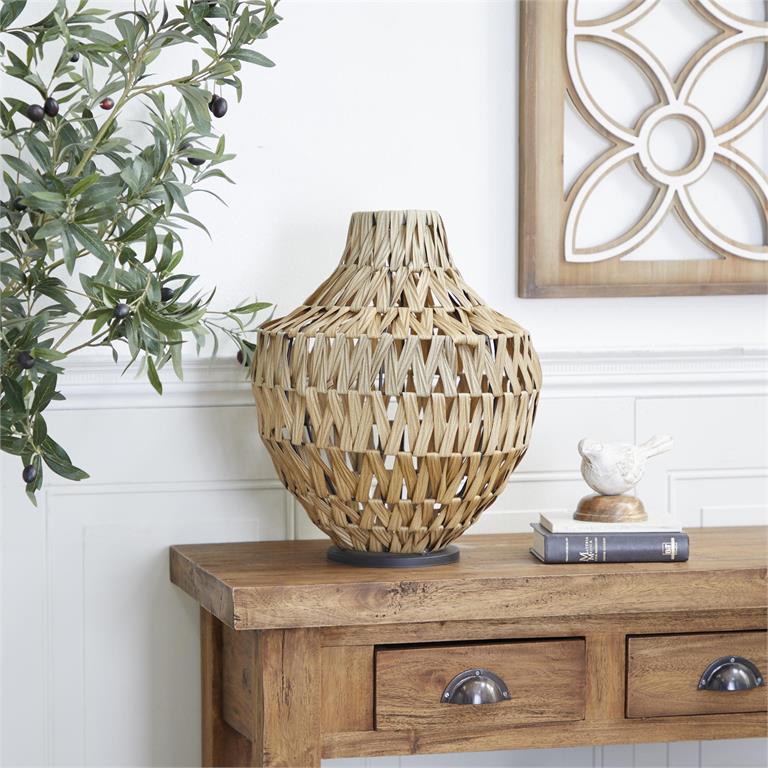 BROWN PLASTIC RATTAN HANDMADE WOVEN VASE WITH BLACK METAL BASE
