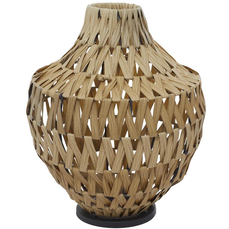 BROWN PLASTIC RATTAN HANDMADE WOVEN VASE WITH BLACK METAL BASE