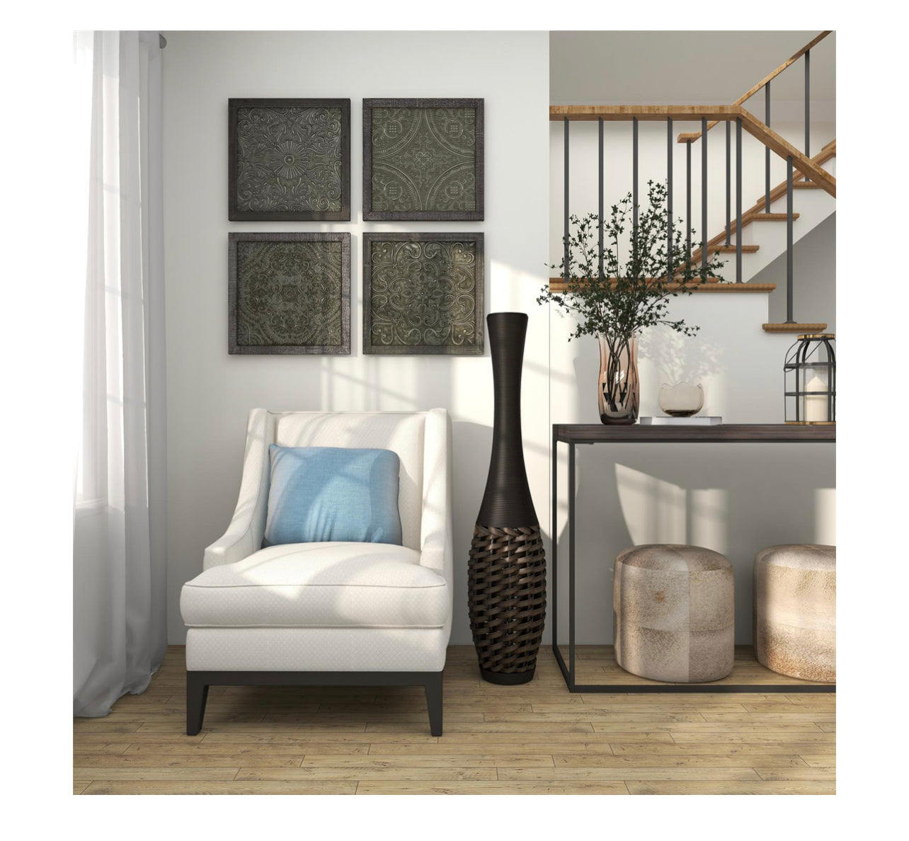 BROWN RATTAN TALL WOVEN FLOOR VASE