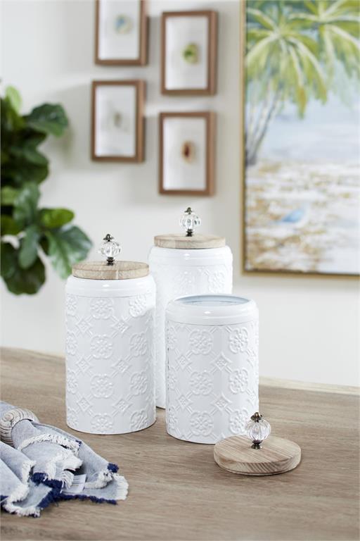 WHITE METAL FLORAL DECORATIVE JARS WITH WOOD LIDS