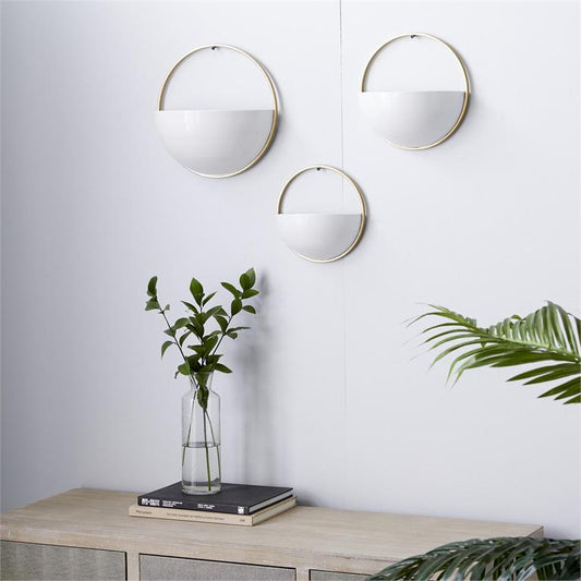 WHITE METAL GEOMETRIC INDOOR OUTDOOR ROUND WALL PLANTER