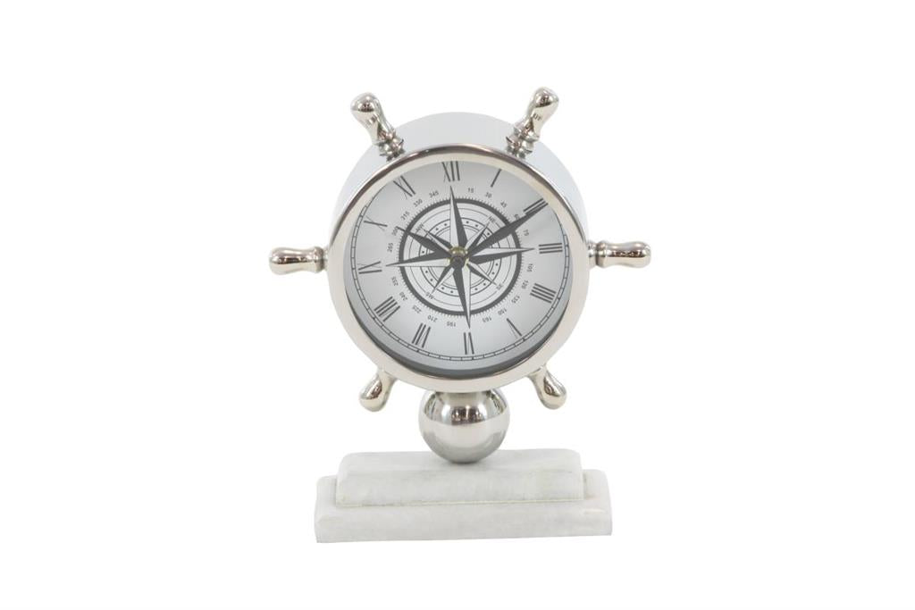 SILVER STAINLESS STEEL SHIP WHEEL CLOCK WITH MARBLE BASE