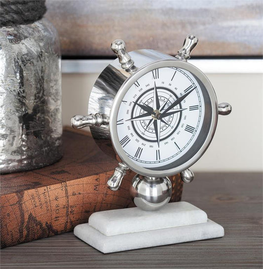 SILVER STAINLESS STEEL SHIP WHEEL CLOCK WITH MARBLE BASE