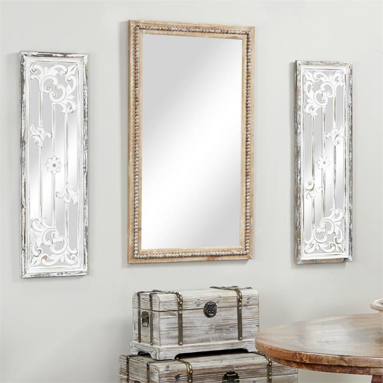 LIGHT BROWN WOOD BEADED FRAME WALL MIRROR WITH DISTRESSING