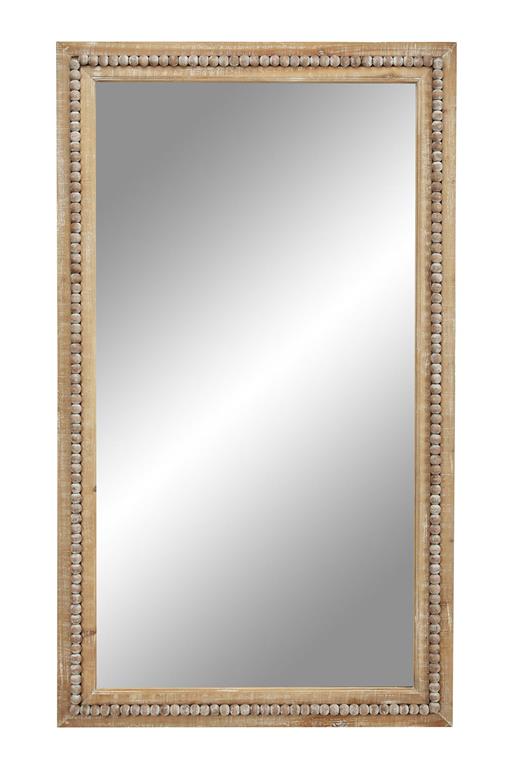 LIGHT BROWN WOOD BEADED FRAME WALL MIRROR WITH DISTRESSING