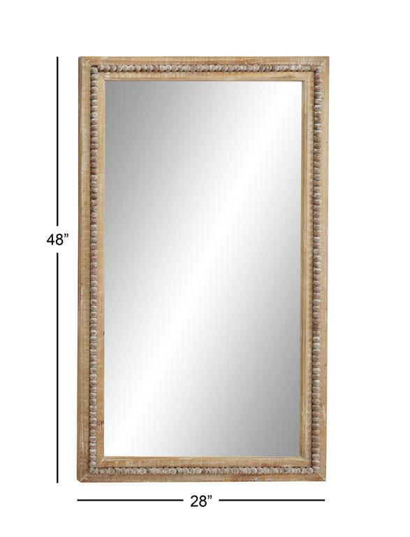 LIGHT BROWN WOOD BEADED FRAME WALL MIRROR WITH DISTRESSING