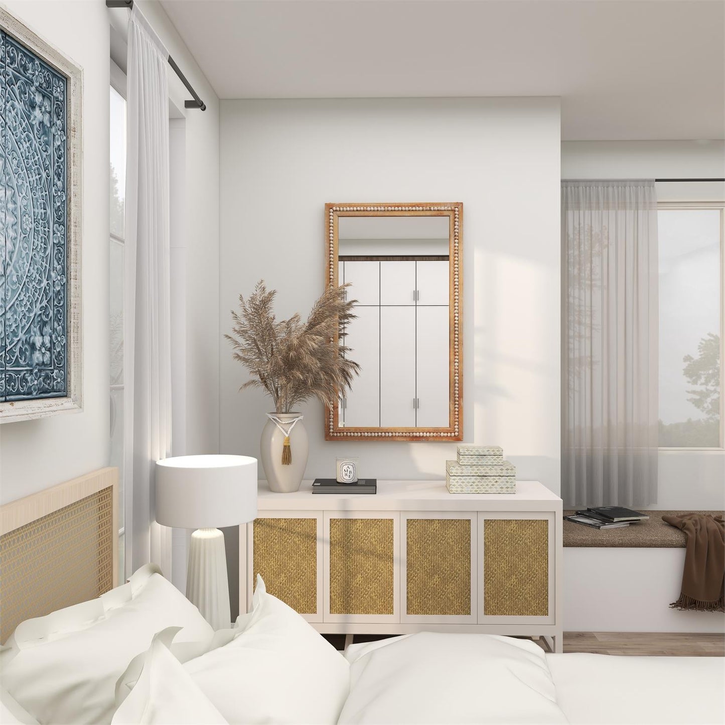 LIGHT BROWN WOOD BEADED FRAME WALL MIRROR WITH DISTRESSING