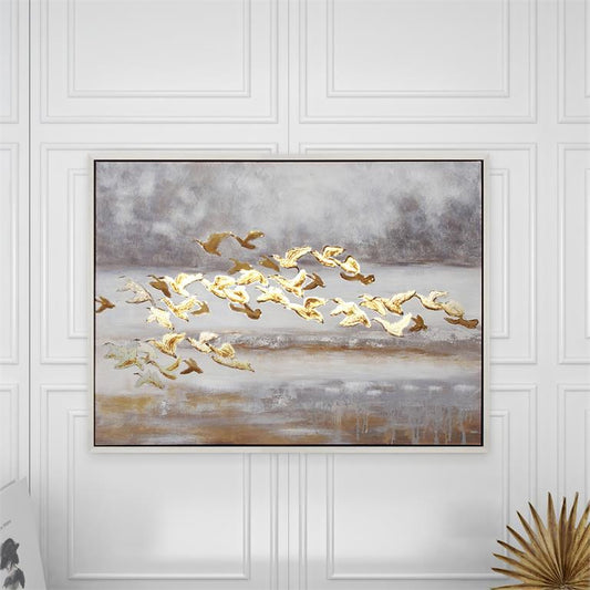 GOLD CANVAS BIRD FRAMED WALL ART WITH SILVER FRAME