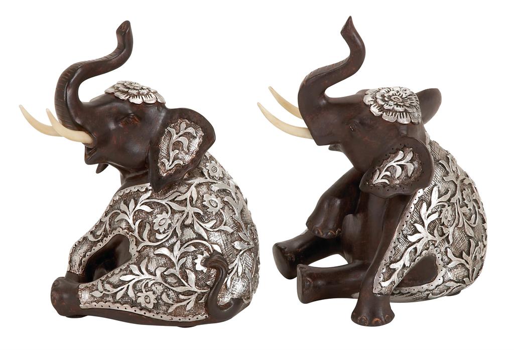 BROWN POLYSTONE ELEPHANT SCULPTURE, 2 ASSORTED