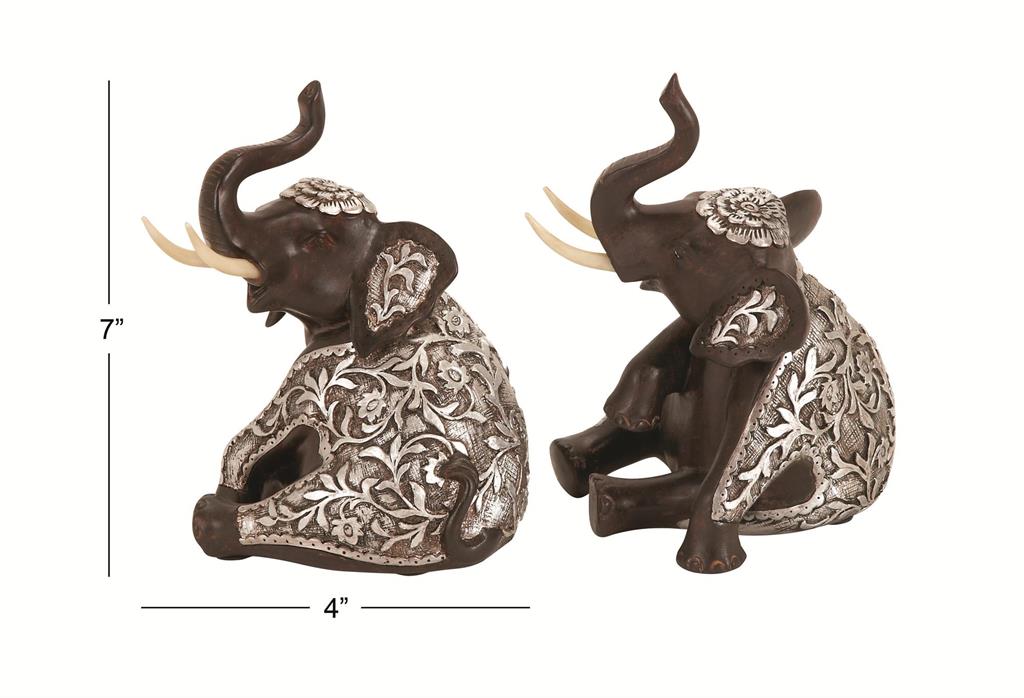 BROWN POLYSTONE ELEPHANT SCULPTURE, 2 ASSORTED