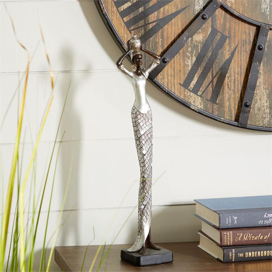 SILVER POLYSTONE WOMAN STANDING AFRICAN SCULPTURE WITH MOSAIC DETAILS