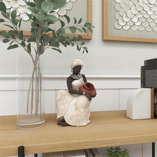 CREAM POLYSTONE WOMAN SITTING AFRICAN SCULPTURE WITH RED WATER POT