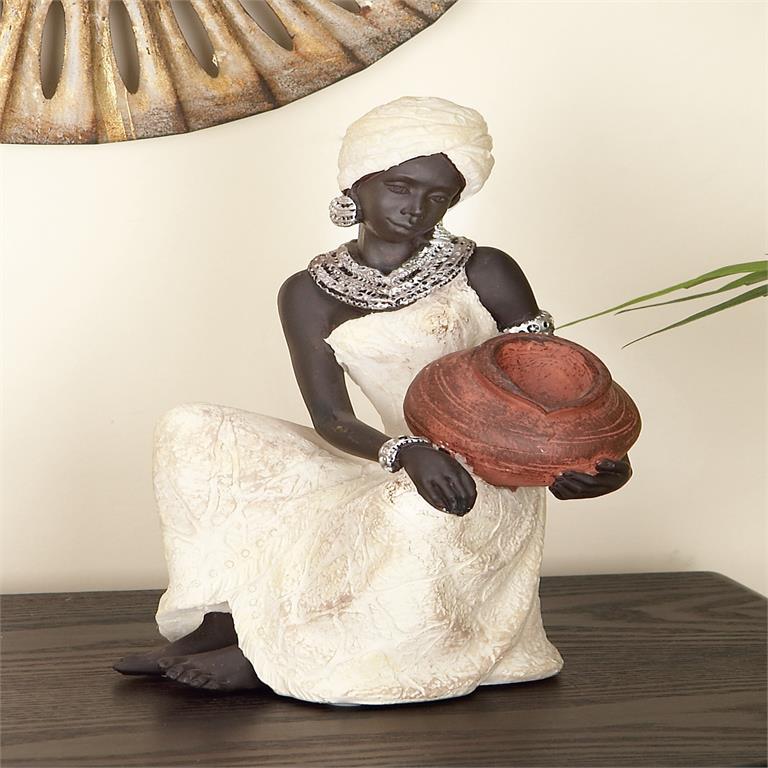 CREAM POLYSTONE WOMAN SITTING AFRICAN SCULPTURE WITH RED WATER POT