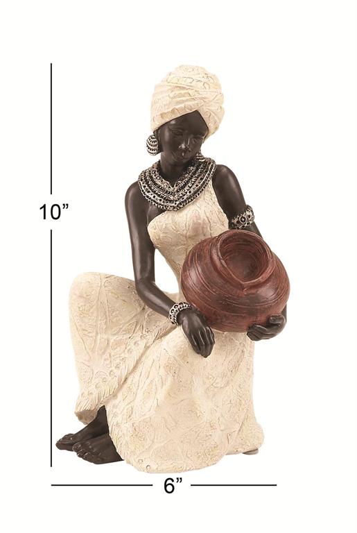 CREAM POLYSTONE WOMAN SITTING AFRICAN SCULPTURE WITH RED WATER POT