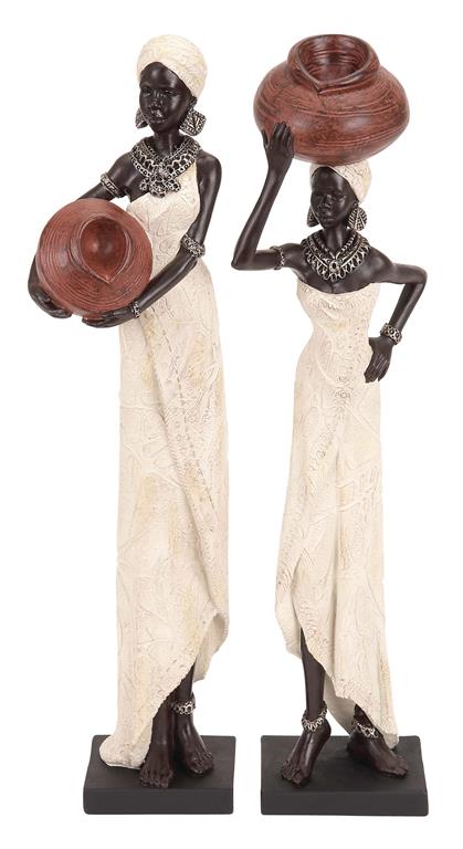 1 PIECE CREAM POLYSTONE WOMAN STANDING AFRICAN SCULPTURE WITH RED WATER POTS AND BLACK BASE,