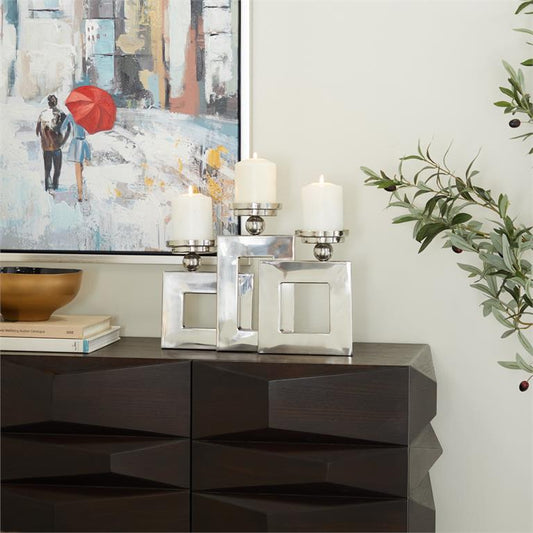 SILVER STAINLESS STEEL PILLAR 3 PLATE CANDLE HOLDER