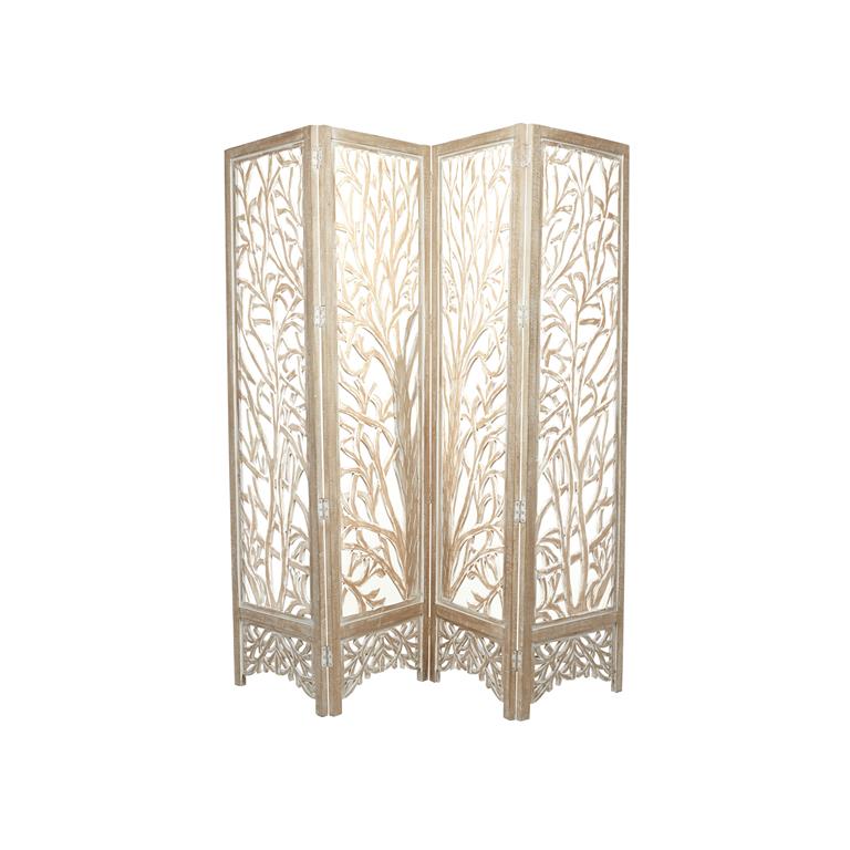BROWN WOOD TREE HINGED FOLDABLE PARTITION 4 PANEL ROOM DIVIDER SCREEN WITH INTRICATELY CARVED DESIGNS