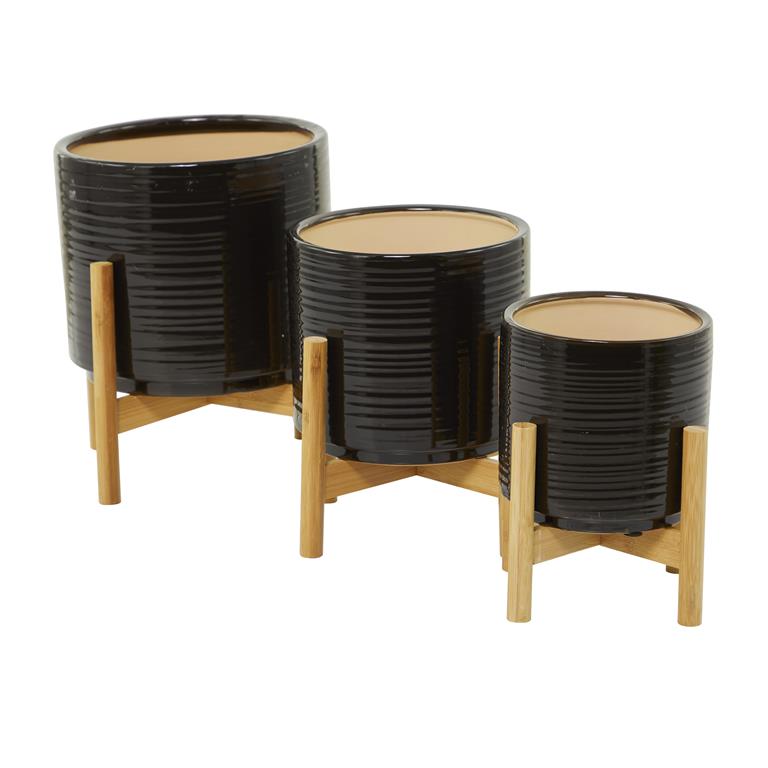 BLACK CERAMIC PLANTER WITH REMOVABLE WOOD STAND