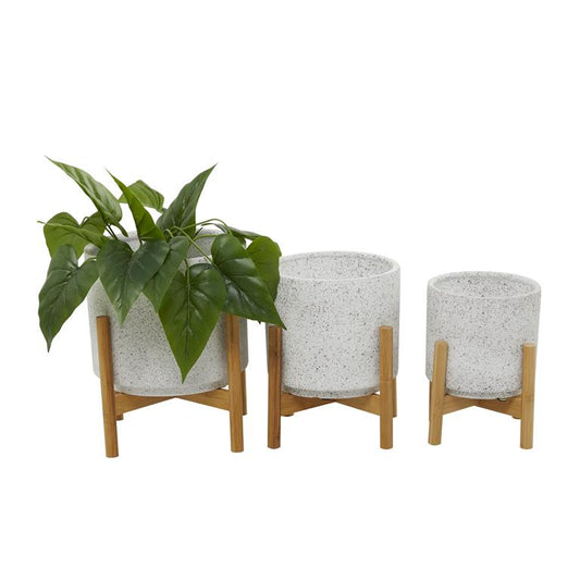 WHITE CERAMIC PLANTER WITH REMOVABLE WOOD STAND