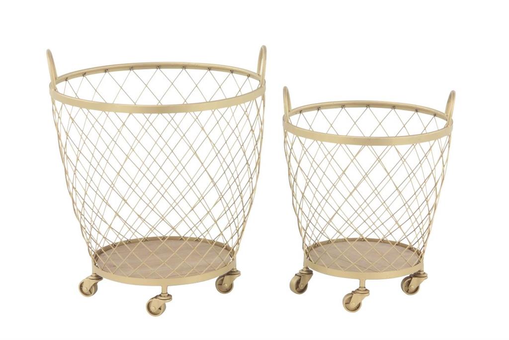 GOLD METAL DEEP SET WIRE BASKET STORAGE CART WITH WHEELS AND HANDLE