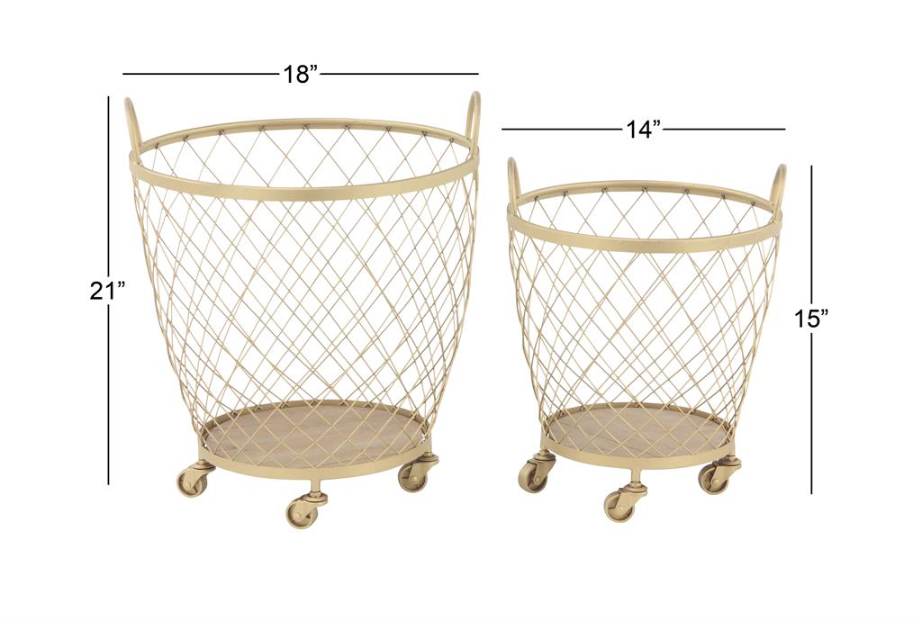 GOLD METAL DEEP SET WIRE BASKET STORAGE CART WITH WHEELS AND HANDLE