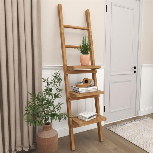 BROWN WOOD 3 SHELF AND 2 RUNGS WALL SHELF