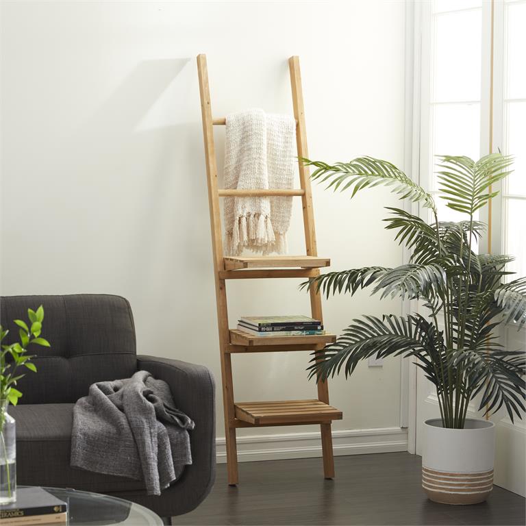 BROWN WOOD 3 SHELF AND 2 RUNGS WALL SHELF