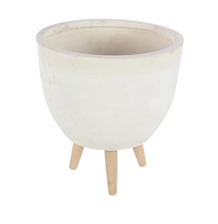 WHITE FIBERCLAY INDOOR OUTDOOR PLANTER WITH WOOD LEGS