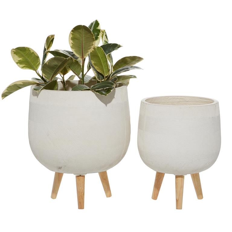 WHITE CERAMIC INDOOR OUTDOOR PLANTER WITH WOOD LEGS