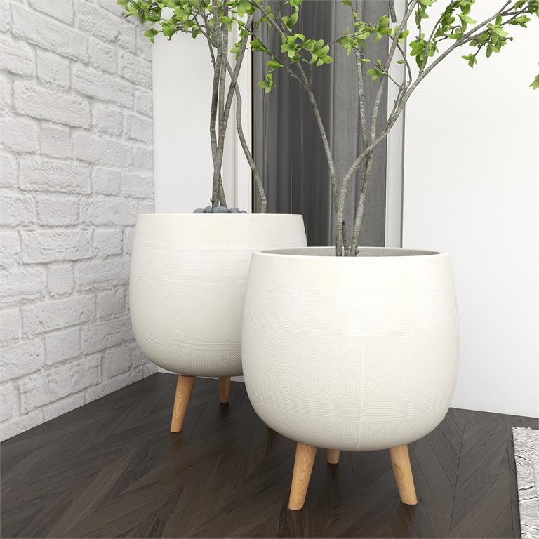 WHITE CERAMIC INDOOR OUTDOOR PLANTER WITH WOOD LEGS