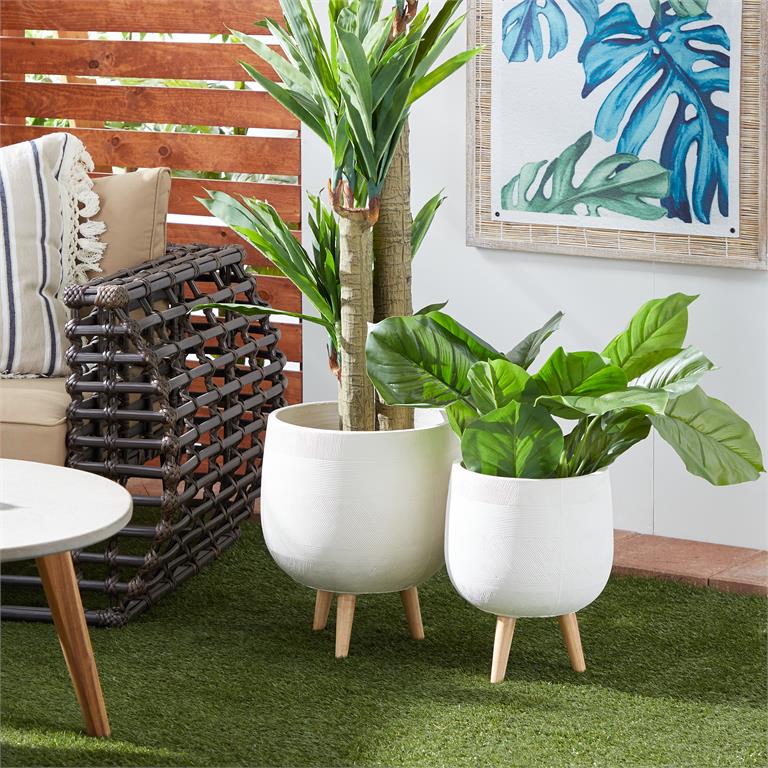 WHITE CERAMIC INDOOR OUTDOOR PLANTER WITH WOOD LEGS