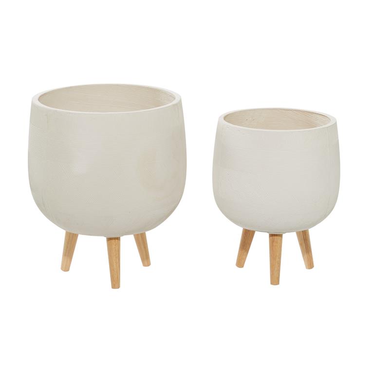 WHITE CERAMIC INDOOR OUTDOOR PLANTER WITH WOOD LEGS