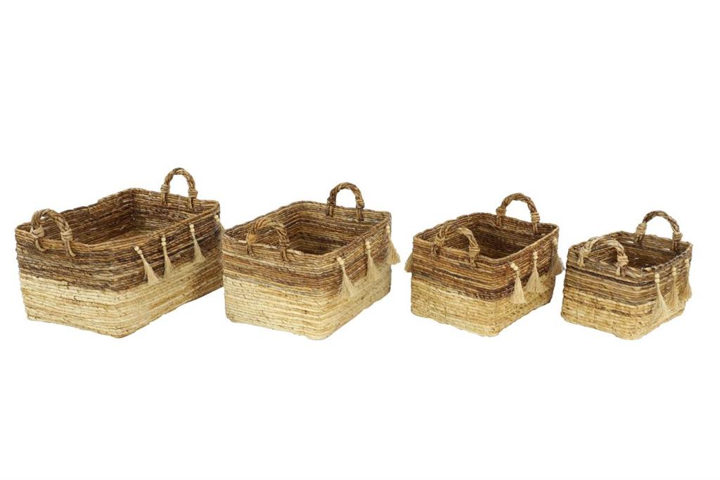 LARGE, RECTANGULAR NATURAL BROWN & BEIGE BANANA LEAF STORAGE BASKETS W/ WOOD BEADS