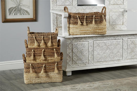 LARGE, RECTANGULAR NATURAL BROWN & BEIGE BANANA LEAF STORAGE BASKETS W/ WOOD BEADS