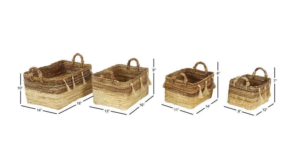 LARGE, RECTANGULAR NATURAL BROWN & BEIGE BANANA LEAF STORAGE BASKETS W/ WOOD BEADS