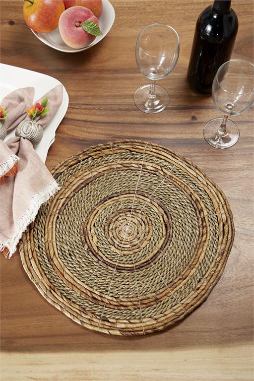 ROUND BROWN BANANA LEAF WICKER & SEAGRASS PLACEMATS SET OF 4