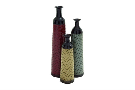 MULTI COLORED METAL TALL ENAMELED BOTTLENECK FLOOR VASE WITH CHEVRON PATTERN